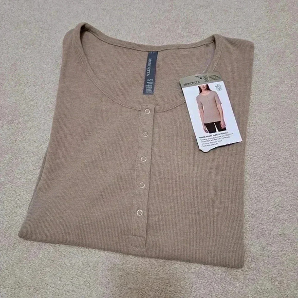 NWT Mondetta Ribbed Short Sleeved Henley XL Scoop Neck Top Womens Beige Tan - Picture 11 of 11